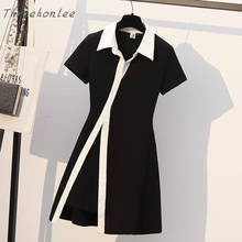Mini vestido casual coreano, plus size, 2021, verão, feminino, cor sólida, gola virada para baixo, manga curta, moda feminina 2024 - compre barato