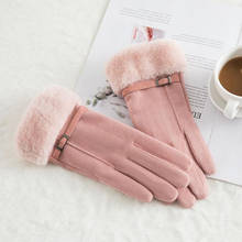 Winter Female Double Layer Warm Cashmere Full Finger Simple Pattern Mittens Women Suede Leather Touch Screen Driving Gloves New 2024 - buy cheap