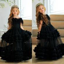 Black Flowers Girls Dresses Tiered Ruffles Off Shoulder Kids Teens Pageant Gowns Birthday Party Dress For Girls 2024 - buy cheap
