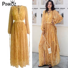 Pinkoz Boho Floral Printed Holiday Long Dress Hollow out Yellow Chiffon Party Maxi Dresses 2020 Spring Summer Vestidos De Fiesta 2024 - buy cheap