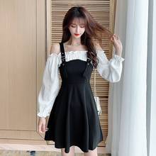 Spring 2021 new Hepburn style black dress slim waist off shoulder long sleeve fake two-piece dresses women preppy style 2024 - buy cheap
