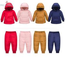 Crianças inverno quente chapéu para baixo jaqueta meninos meninas 2020 novo espessamento jaqueta + calças snowsuit 2 peça conjunto menina moda outwear terno 2024 - compre barato