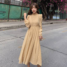 Vestido feminino chiffon manga comprida, vestido feminino linha a estampado praia festa coreano amarelo 2024 - compre barato
