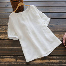 Women Cotton Linen Shirt Casual White Summer Tops O-neck Short Sleeve Loose Blouse Fashion Female Blouses And Shirts New 2024 - buy cheap