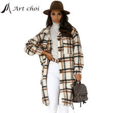Женское клетчатое шерстяное пальто с поясом, элегантная верхняя одежда в клетку с карманами 2024 - купить недорого