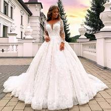 Платье свадебное кружевное с длинным рукавом, Бальное, классическое, с V-образным вырезом и длинным шлейфом, размера плюс на молнии сзади 2024 - купить недорого