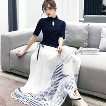 Китайский женский ретро-топ асимметричного кроя Чонсам + длинная Плиссированная юбка в китайском стиле элегантный женский комплект из 2 предметов с принтом 10548 2024 - купить недорого