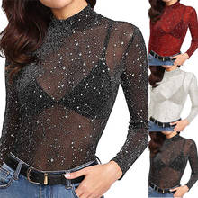 Mesh Top Women 2019 Autumn Long Sleeve Clothes Shirt Camiseta Mujer Sexy Hollow Out T-shirt  See-Through Glitter Streetwear A20 2024 - buy cheap