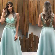 Vestido de noite 2020 hortelã verde a linha cristal frisado tribunal trem sem costas vestidos de festa formal feminino feito sob encomenda sem mangas colher 2024 - compre barato