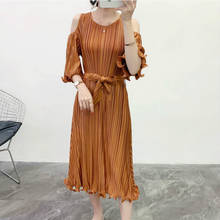 Plus Size Dress Summer Women 2020 Elastic Miyake Pleated Round Neck Hollow Out Shoulders 3/4 Sleeves Loose Casual Golden Dress 2024 - buy cheap