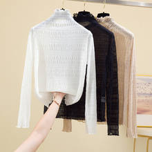 AOSSVIAO-Camiseta de manga larga de algodón con cuello alto para mujer, Tops de encaje, camiseta coreana, ropa para mujer blanca y negra, 2021 2024 - compra barato
