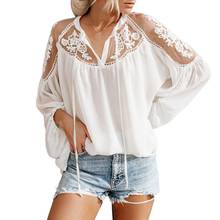 Fashion Women Blouses Sexy See-through Embroidered Lace Patchwork V Neck Long Sleeve Blouse tops for women female 2024 - buy cheap