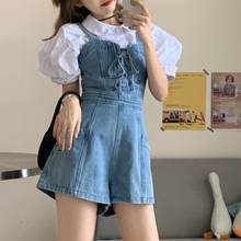 2021 New Denim Shorts Lace Up Bandage Suspender Denim Shorts Chic Casual Mini Jumpsuit Women Rompers Overalls with free blouse 2024 - buy cheap