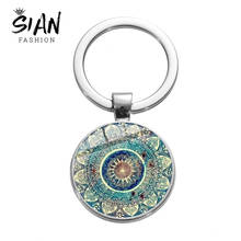 SIAN New Art Mandala Flowers Keychain Sacred Geometry Buddhism Chakra Meditation Jewelry Glass Dome Om India Keyring Chain Gifts 2024 - buy cheap
