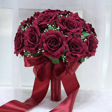 Flores decorativas artesanais borgonha, flores rosas artificiais brancas, detalhes de renda de noiva, buquê de casamento com fita 2024 - compre barato