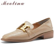 Meotina Loafers Shoes Women Genuine Leather Med Heels Square Toe Pumps Block Heel Shoes Metal Decoration Ladies Footwear Size 46 2024 - buy cheap