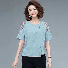 Plus size camisetas de linho de algodão nova chegada 2021 verão estilo vintage bordado floral feminino casual topos t s3373 2024 - compre barato