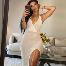 2021 Crochet Beach Dress Women Coverups Backless Cover Up Knitted Maxi Dresses Summer See Through Side Split White Sexy Dress 2024 - buy cheap