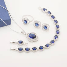 Brilhante cz azul safira prata 925 conjunto de jóias para as mulheres brincos anel colar pulseira conjunto luxo conjunto de jóias de noiva 2024 - compre barato