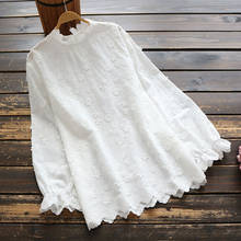 6753 mori blusa bordada flor gola alta de algodão feminina outono camisa casual pulôver tops 2024 - compre barato