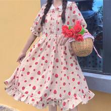 Skirt Women's Summer Japanese-Style Sweet Doll Collar Strawberry Printed Short-Sleeved Loose-Fit Slim-Fit Buckle Ruffle Dress 2024 - buy cheap