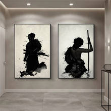 Preto branco japonês samurai pintura da lona moderna arte da parede quadros abstratos para sala de estar decoração casa posters impressões 2024 - compre barato