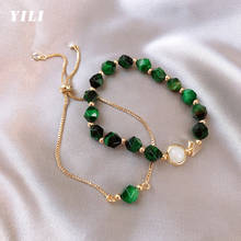 Pulseira de pedras para mulheres, pulseira da moda com pedras verdes e naturais, com contas de cristal, dupla camada, ajustável, de luxo 2024 - compre barato