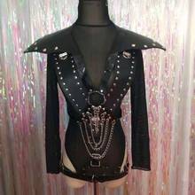 Punk Black Leather Rivet Armor Metal Chain Bodysuit Women Singer Dancer Costume Nightclub Bar Lead Dance Stage Performance Wear 2024 - buy cheap