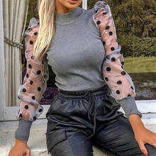 Turtleneck Knitted Blouse Women Long Sleeve See Through Mesh Sheer Shirt Polka Dot Puff Elegant Ladies Slim Tops Blusa Femme 2024 - buy cheap