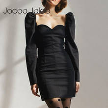 Jocoo Joloo Vintage Puff Sleeve Bodycon Dress Elegant V Neck Sheath Mini Dress Office Lady Slim Dress Gothic style Black Dress 2024 - buy cheap