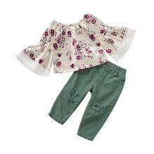Emmababy conjunto de roupas infantil, 2 peças crianças bebês meninas manga flare floral camiseta tops com buracos calças compridas roupas de menina 2024 - compre barato