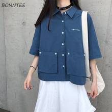 Blusas femininas de verão, camisas harajuku simples, com bolsos impressos e retrô, estilo casual para mulheres, de rua e maré 2024 - compre barato