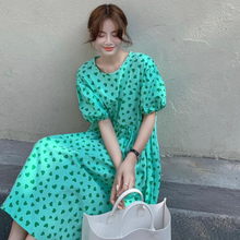 2021 New Women Summer Green Long Loose Dress Puff Sleeve Round Collar High Waist Heart-shaped Print Casual Sundress 2024 - buy cheap