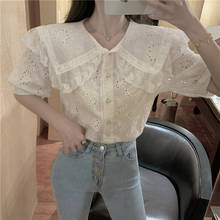 2020 New Arrival Elegant Tops Women Shirt Lace Stitching Lantern Sleeve Doll Collar Korean Style Loose Blouse Blusas 2024 - buy cheap