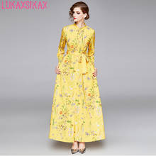 2020 New Spring Autumn Women Long Sleeve Dress Runway High Quality Single-breasted Yellow Floral Dress Elegant Long Dress 2024 - buy cheap