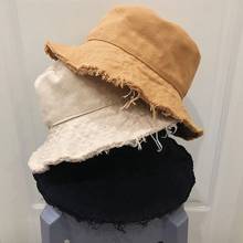 Korean Women Leisure Sunscreen Cotton Bucket Hat Vintage Distressed Frayed Tassels Wide Brim Solid Color Packable Fisherman Cap 2024 - buy cheap