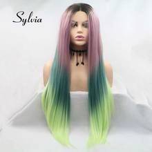 Sylvia Synthetic Ombre Long Silky Lace Front Wigs For Women Hair With Dark Roots Heat Resistant Fiber Cosplay 2024 - buy cheap