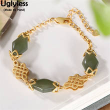 Uglyless Rhombus Jade Bracelets for Women Hollow Double Layers Chinese Knots Bracelets Gold 925 Silver Ethnic Jewelry Vintage 2024 - buy cheap