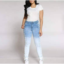 Джинсы-карандаш размера плюс, пикантные облегающие джинсы на шнуровке с талией, белые и синие уличные штаны с эффектом пуш-ап и перекрестным... 2024 - купить недорого