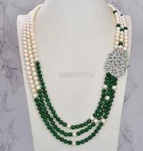 free shipping Jewelry 30"-33" White Pearl Green Jade Necklace CZ Pendant 2024 - buy cheap