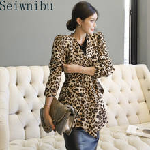 Blazer feminino com estampa de leopardo, casaco estilo vintage para escritório estilo coreano com faixas 2024 - compre barato