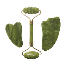Conjunto de rolo de massagem 3 em 1, conjunto de rolo de guasha, massageador facial de jade natural verde, ferramentas de cuidados com a pele, levantamento e emagrecimento 2024 - compre barato
