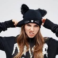Hot Sale Cat Ears Women Hat Knitted Acrylic Warm Winter Beanie Caps Crochet Fur 2024 - buy cheap
