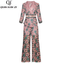 Conjunto de roupa de passarela feminina qian han zi, conjunto com renda e calças de comprimento longo, casaco slim com botão estampado de renda vintage 2024 - compre barato