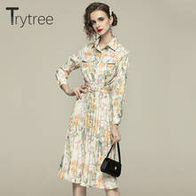 Trytree-vestido informal de primavera y verano para mujer, prenda con cuello vuelto, cinturón Floral, plisado, a media pantorrilla, para oficina, 2021 2024 - compra barato