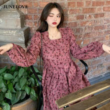 Junelove vestido midi floral feminino, coreano manga longa pregueado robe vintage primavera outono moda coreano 2024 - compre barato