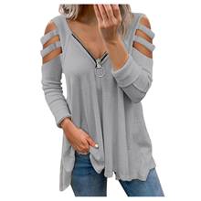 Camisas ahuecadas para Mujer, blusa informal con cuello en V y cremallera, Tops de manga larga 2024 - compra barato