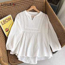 Spring Womens Tops And Blouses Literature Leisure Comfort Long Sleeve V-neck Solid Color Irregular Hem White Clothes 2024 - buy cheap