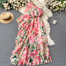 Women Bohemia Long Dress New 2021 Summer Floral Printed Inclined Shoulder Ruffles Chiffon Dresses Ladies Beach Party Long Robe 2024 - buy cheap