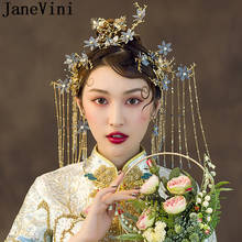 JaneVini Vintage Beaded Long Tassel Wedding Hairpins Bride Hair Sticks Classic Beaded Blue Flowers Gold Chinese Bridal Headdress 2024 - buy cheap